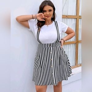 Plus Vertical Striped Button Front Dual Pockets Suspender Skirt